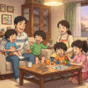 aiで作成したリビングで家族全員が笑ってるイラスト