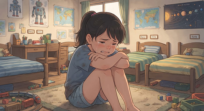 aiで作成した自分の部屋で膝を抱えて泣く女の子のイラスト