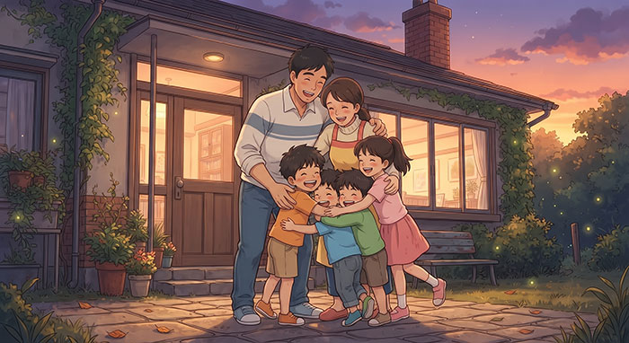 aiで作成した自宅前の庭で家族が集まって笑顔で抱き合うイラスト